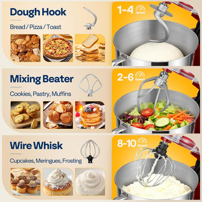 VIVOHOME Stand Mixer - 660W 10-Speed 6 Quart Tilt-Head Kitchen Electric Food Mixer, Red