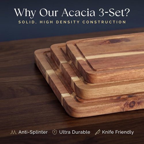 Acacia Cutting Board Set by [Brand Name] - Pre-Oiled & Non-Toxic | 3 FSC Certified Wooden Boards with Oil