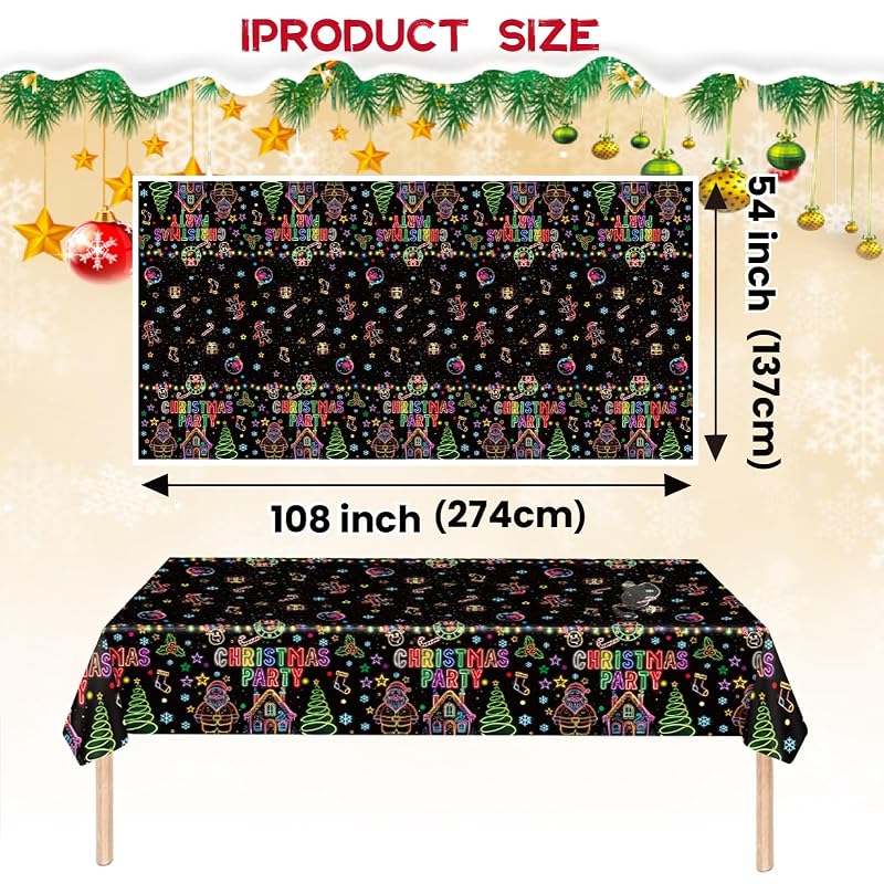 Disposable 54x108 Inch Christmas Tablecloths - 3 Pack Neons on Black Festive Holiday Cover