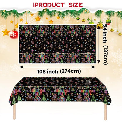 Disposable 54x108 Inch Christmas Tablecloths - 3 Pack Neons on Black Festive Holiday Cover