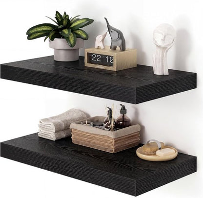 Heimlove 12" Deep Black Floating Shelves - Set of 2 Wall-Mounted Storage for Living Room, Bathroom & Office