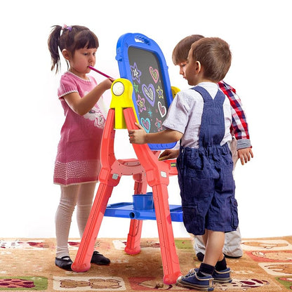 Blue Kids Art Easel for Toddler 3-5, 360° Rotatable Double-Sided Magnetic Chalkboard & Whiteboard