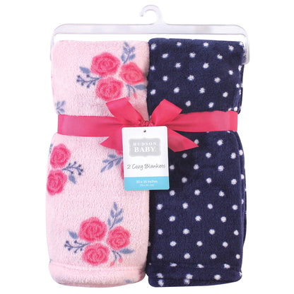 Hudson Baby Unisex Baby Silky Plush and Coral Fleece Blanket, Pink Navy Roses, 30x36 inches