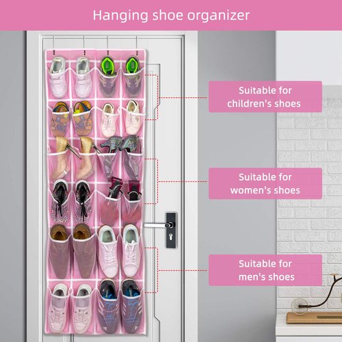 SAVERHO Hanging Shoe Organizer, Over The Door Shoe Organizer with 24 Breathable Mesh Pockets for Men Women Kids Hanging Shoe Storage Rack Organizer Size:58x21 Inch（Pink）