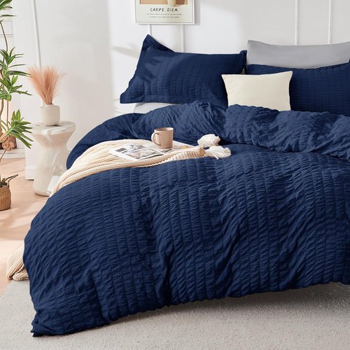 HYMOKEGE Comforter Set - Luxury 7-Piece All-Season Bedding in Navy Blue & Light Grey | Full Size