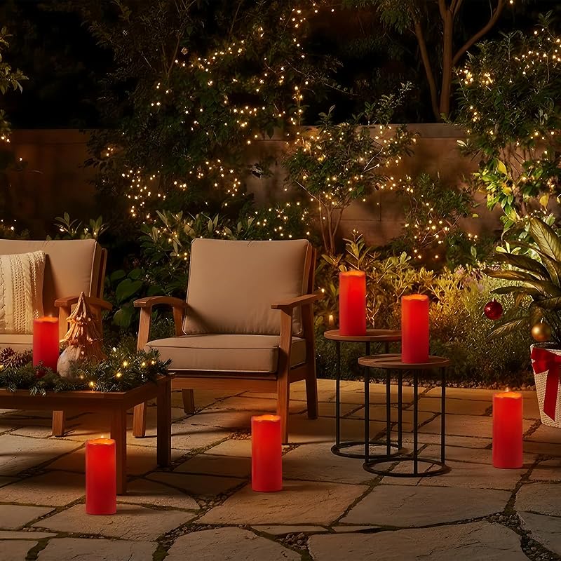 Red Burgundy Outdoor Flameless Candles with Remote, 4x10, Set of 2 (IPX5 Waterproof)