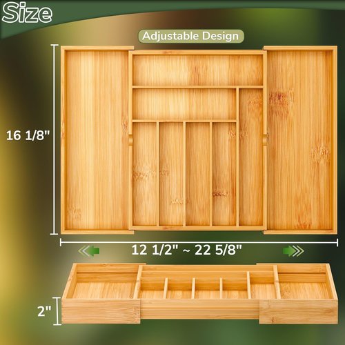 BAMEOS Bamboo Drawer Organizer - Expandable Cutlery Tray for Kitchen & Bathroom Storage