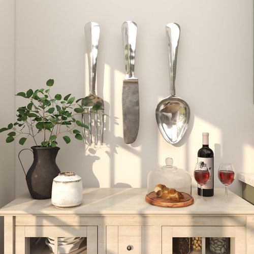 Deco 79 Aluminum Metal Utensils Home Wall Decor Knife, Spoon and Fork Wall Sculpture, Set of 3 Wall Art 4"W, 23"H, Silver