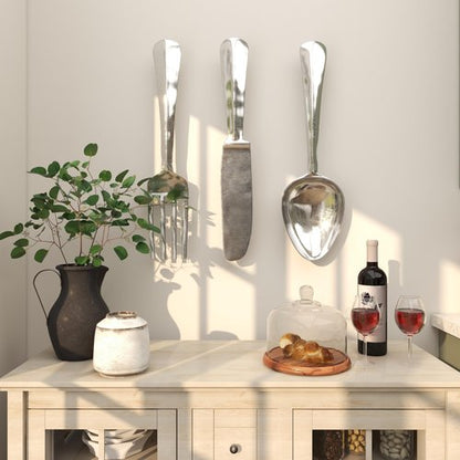 Deco 79 Aluminum Metal Utensils Home Wall Decor Knife, Spoon and Fork Wall Sculpture, Set of 3 Wall Art 4"W, 23"H, Silver