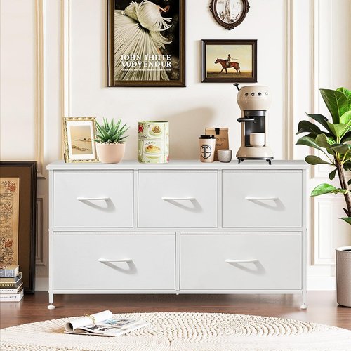 5-Drawer Dresser by [Brand Name] - Anti-Tip Fabric Chest with Wooden Top | Ideal Storage for Bedroom & Living Room, White