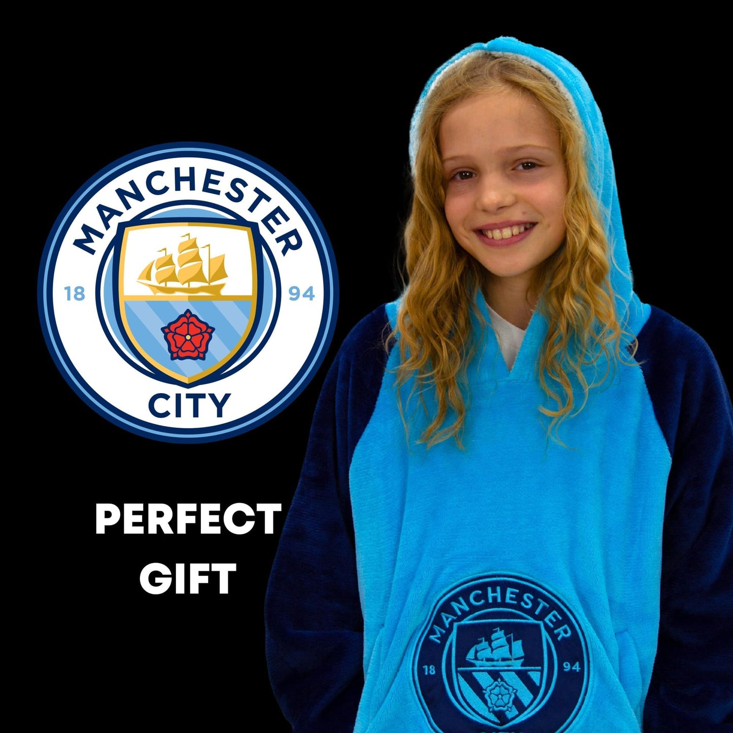 Manchester City FC Oversized Wearable Fleece Blanket, Super Warm and Cosy Premium Sherpa Lined, Design Perfect For Kids Aged 7-12 Years, One Size