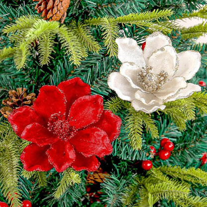 Glitter Poinsettia Artificial Flower 6.3 Inch 10 Pcs Christmas Tree Wreath Ornaments - White (Variation: White a+10)