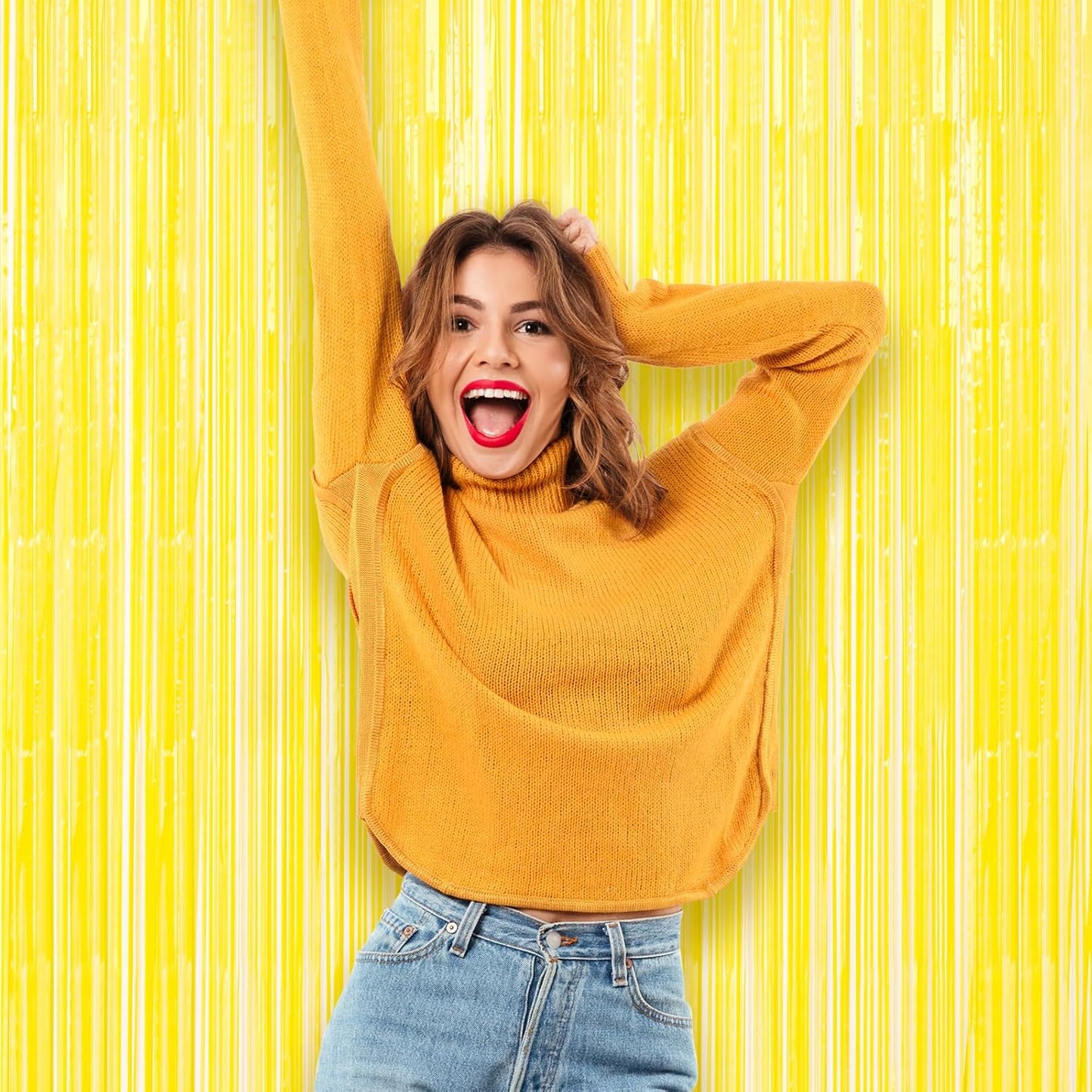 Voircoloria Foil Fringe Backdrop Curtains - 3 Pack of 3.3 x 8.2 ft Pastel Yellow Tinsel Streamers for Parties