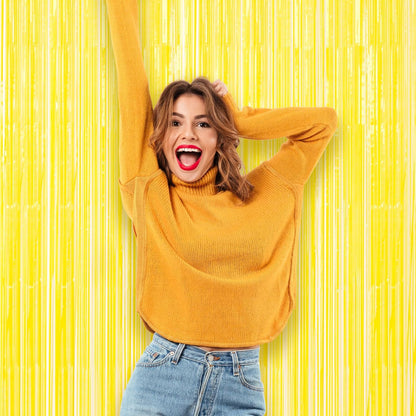 Voircoloria Foil Fringe Backdrop Curtains - 3 Pack of 3.3 x 8.2 ft Pastel Yellow Tinsel Streamers for Parties