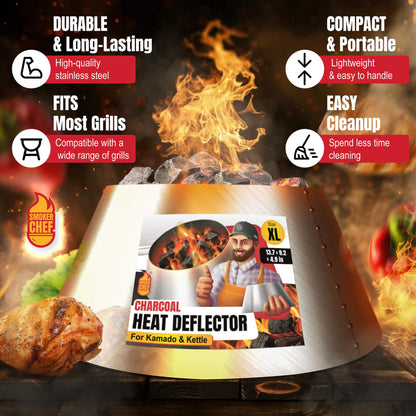Smoker Chef Charcoal Heat Deflector - XL (XLarge) Stainless Steel BBQ Whirlpool for BGE XL & Big Joe - 13.7 Inches Base - 9.2 Inches Top - 4.9 In High - Slow and Sear Grill Accessories - Cone Shape