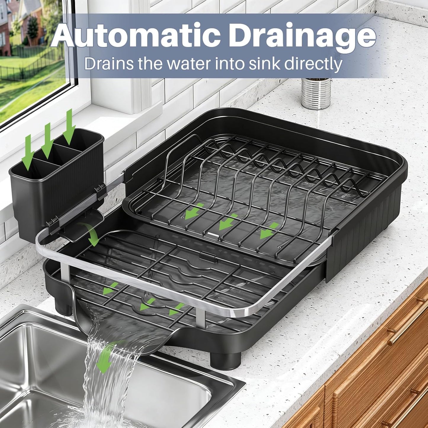 Skiennix Dish Drying Rack - Expandable Stainless Steel Drainer with Utensil Holder | Black