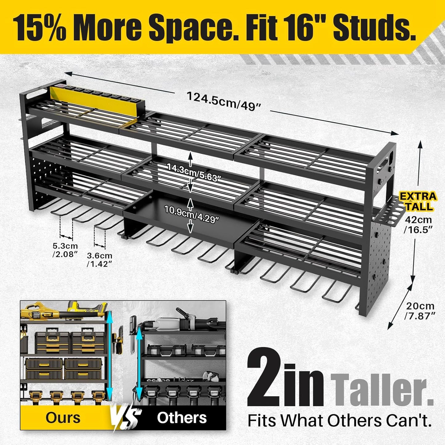 Power Tool Organizer Wall Mount - 8-Outlet Charging Station & Heavy Duty Metal Shelf for Garage Storage