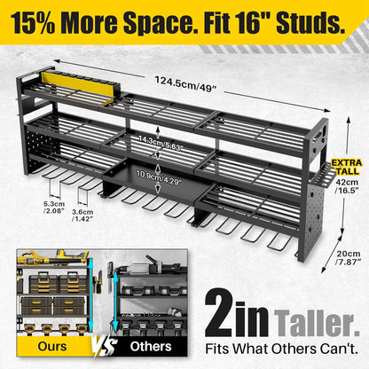 Power Tool Organizer Wall Mount - 8-Outlet Charging Station & Heavy Duty Metal Shelf for Garage Storage