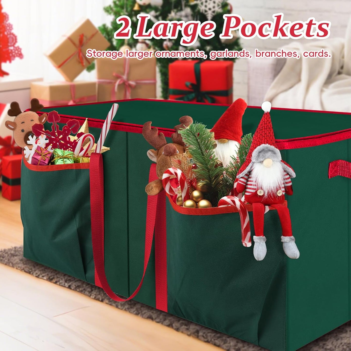 SeasonBliss Christmas Ornament Storage Box - Holds 128 Ornaments | Large, Sturdy Organizer with Zipper & Handles, Green