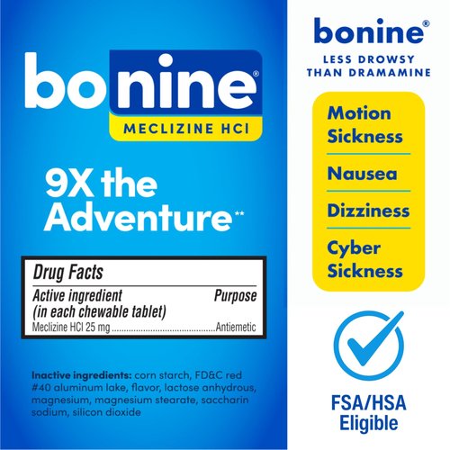 Bonine Non-Drowsy for Motion Sickness Relief, Sea Sickness, Car Sickness, Nausea, & Vomiting - Meclizine HCI 25mg, Travel-Sized - 16ct Raspberry Chewable Tablets (Packaging May Vary)