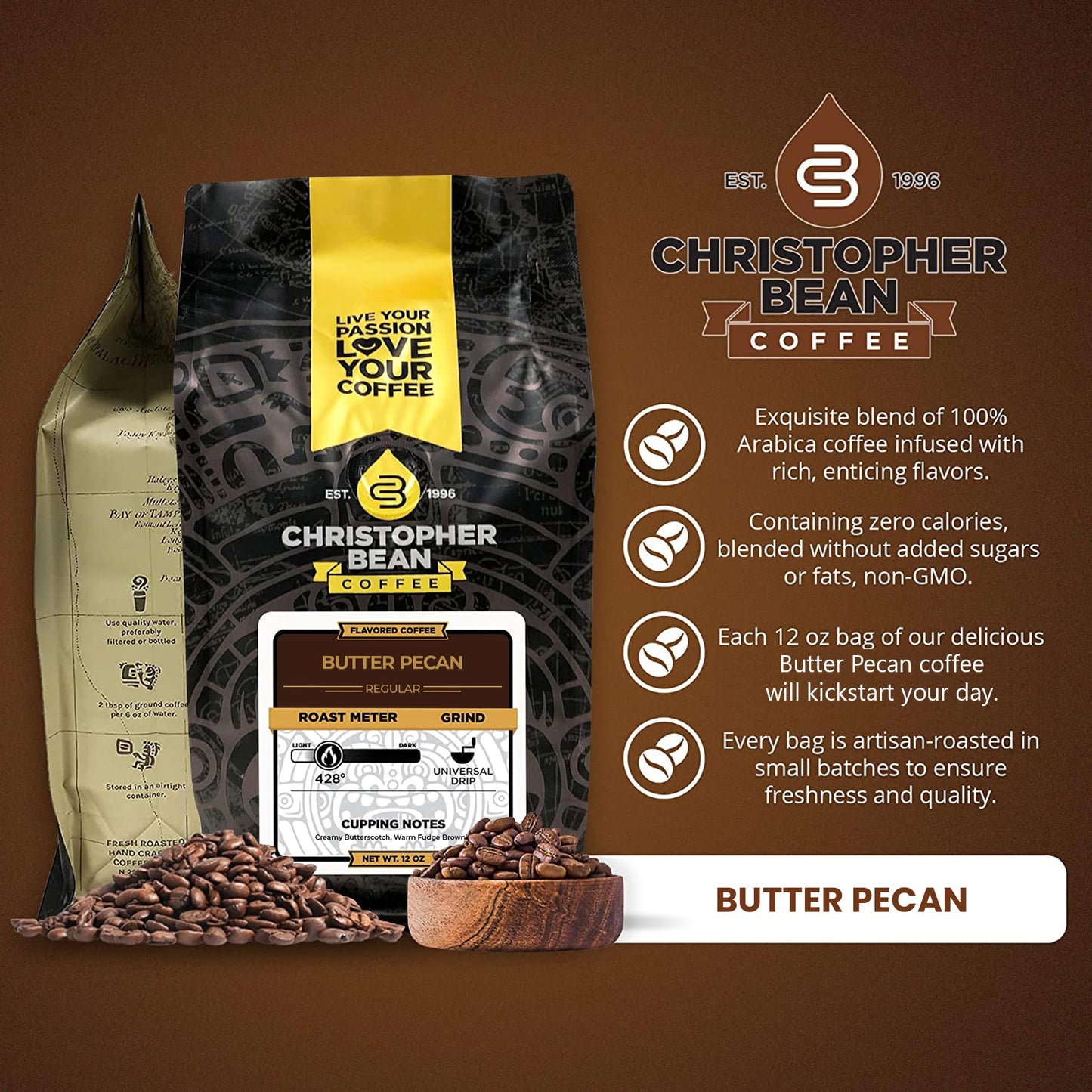 Christopher Bean Coffee - Butter Pecan Flavored Coffee, (Regular Ground) 100% Arabica, No Sugar, No Fats, Made with Non-GMO Flavorings, 12-Ounce Bag of Regular Ground Coffee