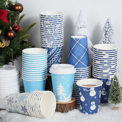 Blue Winter 12oz Christmas Coffee Cups with Lids - 100 Pack, 5 Styles