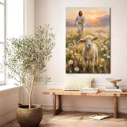 SIXWOOD Canvas Wall Art - Jesus Seeking Lost Sheep | Framed Christian Decor for Living Room, 12x16 in
