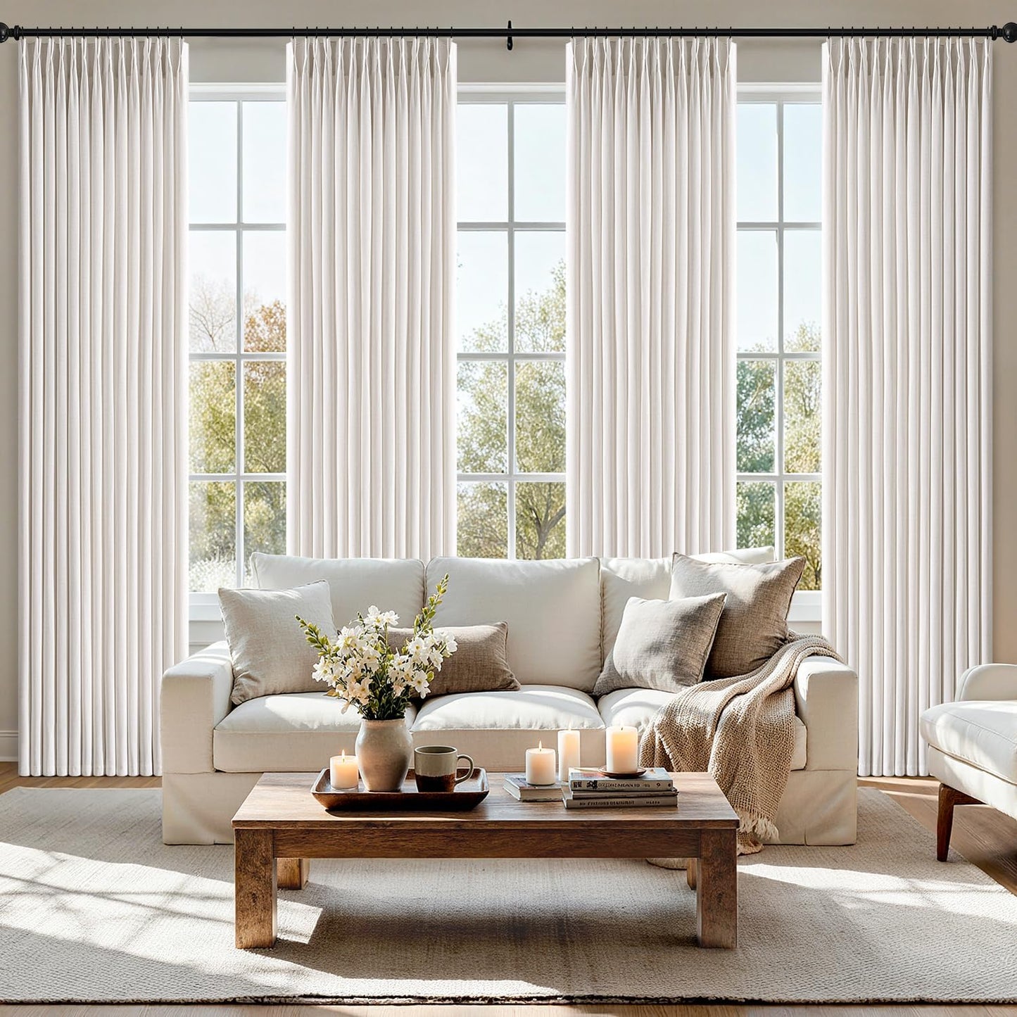 MIULEE Pinch Pleated Thick Linen Curtains - 90 Inch, 4 Panels, Semi-Sheer Light Filtering Drapes in Beige & White