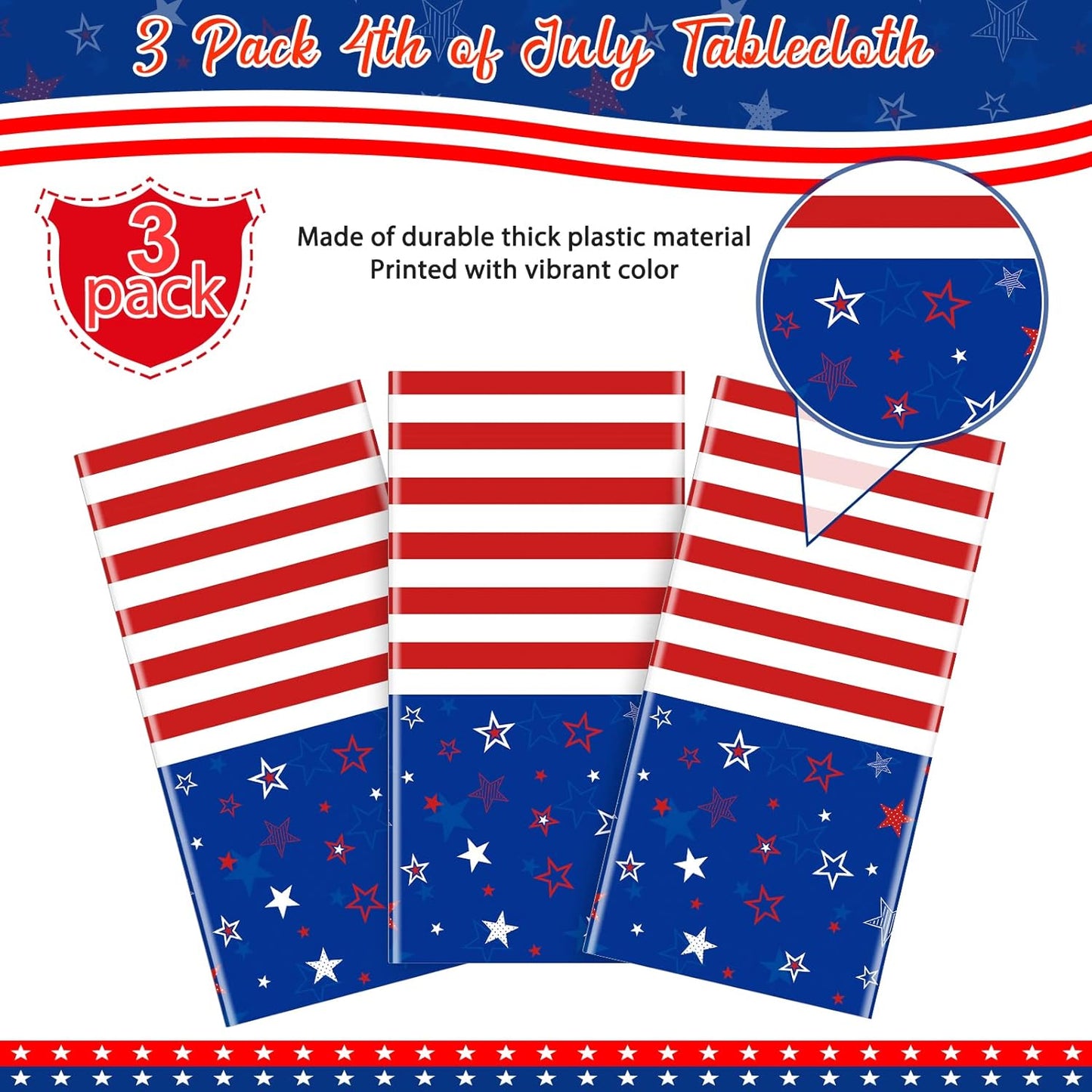 Skiennix 3Pcs Patriotic Tablecloths - Red, White & Blue Star Disposable Covers | 54x108 Inch for 4th of July Celebrations