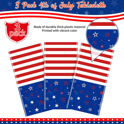 Skiennix 3Pcs Patriotic Tablecloths - Red, White & Blue Star Disposable Covers | 54x108 Inch for 4th of July Celebrations