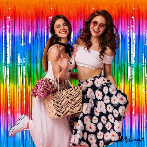 Dark Rainbow Fringe Curtain Backdrop by [Brand Name] - 4 Pack Metallic Tinsel Streamers | 3.2Ft x 9.8Ft for Parties & Events