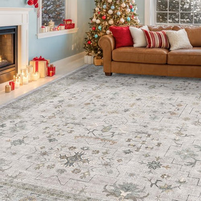 Hazo Haus Boho Light Grey Living Room Rug 6x9 - Modern Vintage Eclectic Floral Paste Neutral Taupe, Washable Low Pile Non-Slip Large Area Rugs for Dining Under Table Bedroom