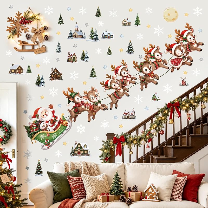 Reusable Santa Claus Reindeer Wall Decals – Peel & Stick Christmas Window Stickers (2 Sheets) - Variation: Reusable