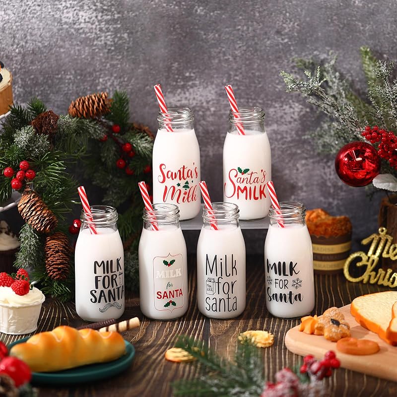 Christmas Glass Milk Bottles with Lids & Straws - 6x8 oz Set