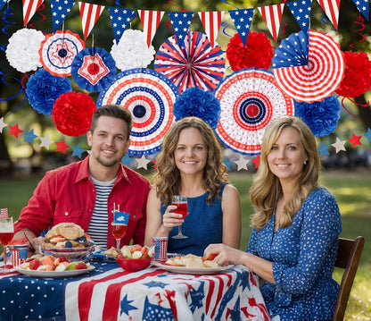 Red White Blue 29PCS Fourth of July Decorations Set | USA Flag Pennant, Paper Fans & Pom Poms