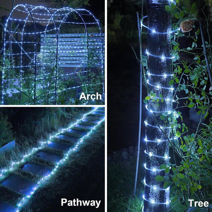YEGUO Solar Rope Lights - 66ft Waterproof 200 LED White Fairy Lights | 8 Modes in Clear Tube