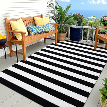 OLANLY Striped Rug - Washable Black and White Cotton Doormat | 3' x 5' for Indoor & Outdoor Use
