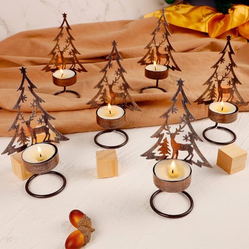 Juegoal Tea Light Candle Holders Set - Rust-Proof Metal Tree & Reindeer Decor | Holiday Centerpiece for Mantel