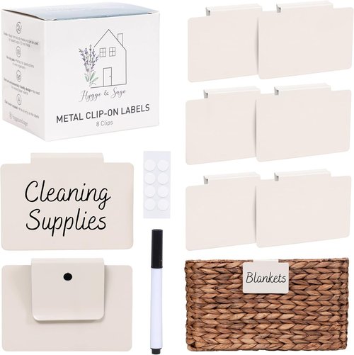 Hygge & Sage Metal Non-Slip Basket Labels - 8 Labels, 8 Non-Slip Pads & Free Marker (Cream)