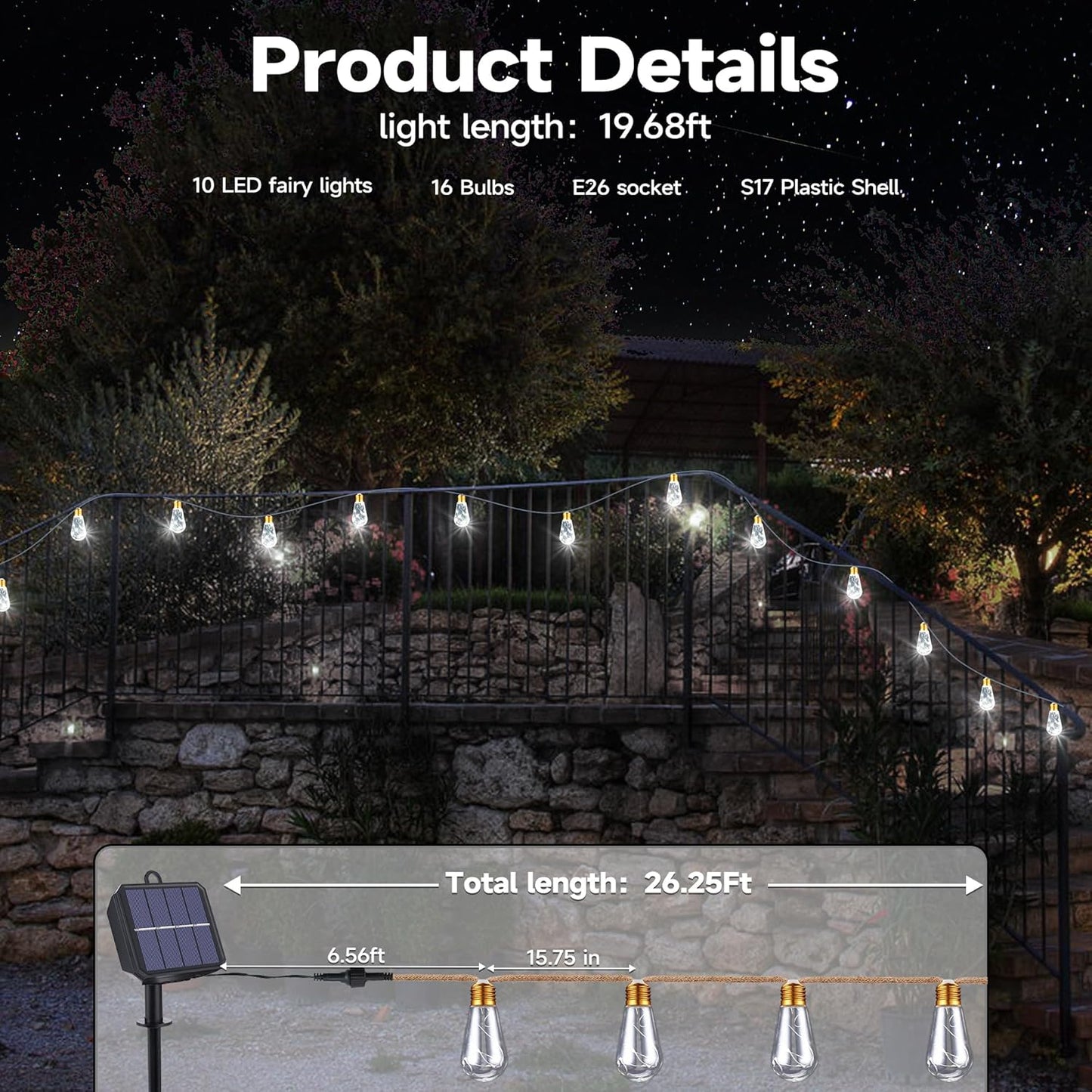 Skiennix Solar Outdoor String Lights - 20Ft Vintage Rope Design | Waterproof 8-Mode White Lights with 16 Shatterproof Bulbs for Garden & Patio