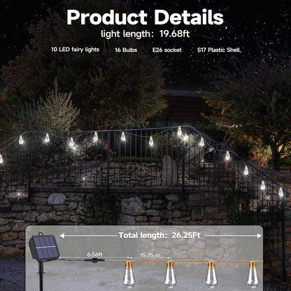 Skiennix Solar Outdoor String Lights - 20Ft Vintage Rope Design | Waterproof 8-Mode White Lights with 16 Shatterproof Bulbs for Garden & Patio
