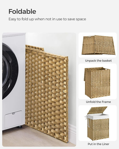 SONGMICS Laundry Hamper - 23.8 Gallon Synthetic Rattan Basket with Lid & Handles | Goose Yellow, Foldable