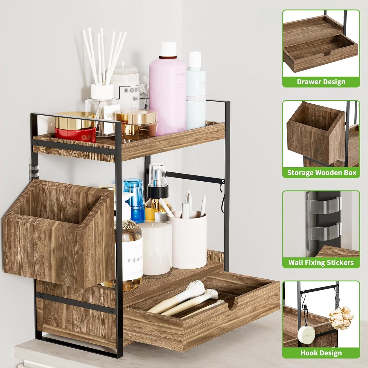 Skiennix 2-Tier Bathroom Counter Organizer - Stylish Wood Storage with Drawer & Basket | Dark Brown