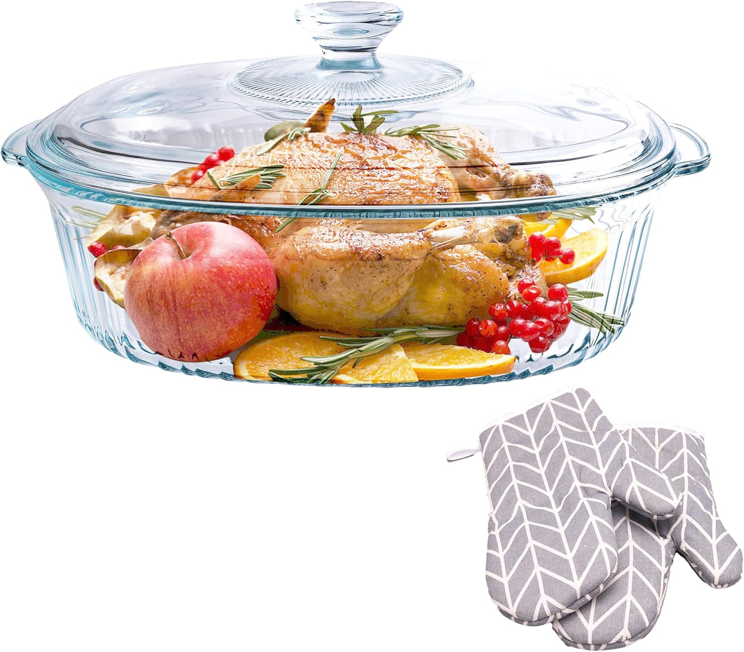 Clear Oval Glass Casserole Dish With Lid - 3Qt Baking Dish for Oven | Durable Cookware for Cooking & Serving