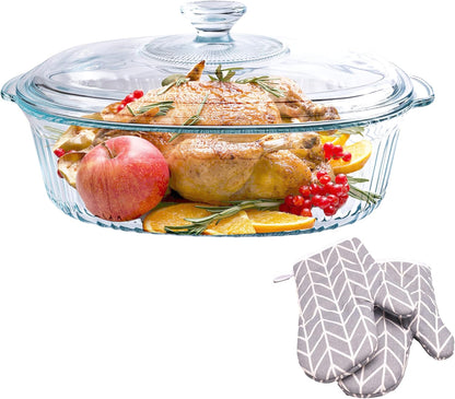 Clear Oval Glass Casserole Dish With Lid - 3Qt Baking Dish for Oven | Durable Cookware for Cooking & Serving