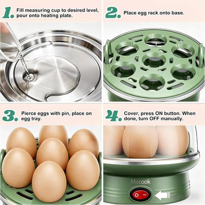 Macook Electric Egg Cooker - 7 Egg Capacity with Auto Shut-Off | Spring Green Hard Boiled Egg Maker