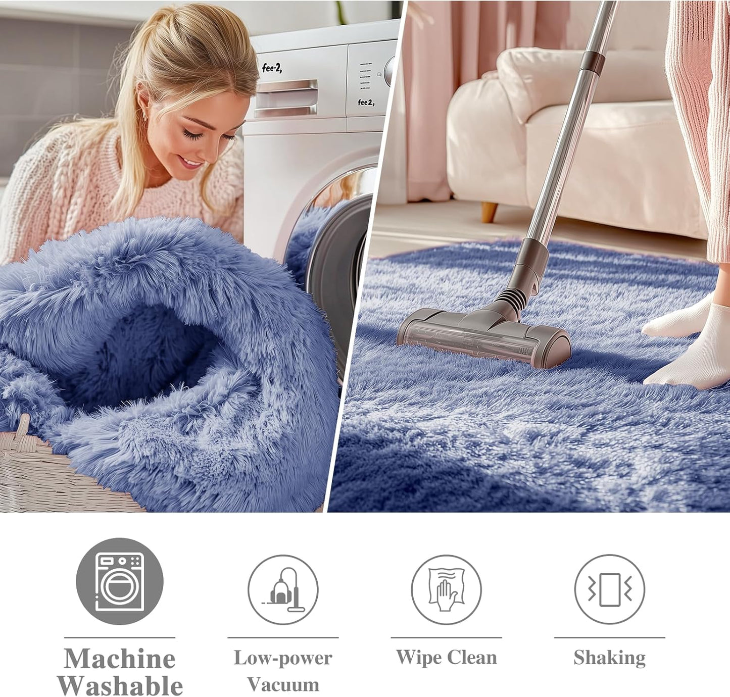 OLANLY Denim Blue Round Rug - Soft, Fluffy Shaggy Carpet | 5 ft Machine Washable Area Rug for Bedroom & Living Room