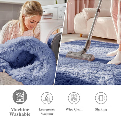 OLANLY Denim Blue Round Rug - Soft, Fluffy Shaggy Carpet | 5 ft Machine Washable Area Rug for Bedroom & Living Room