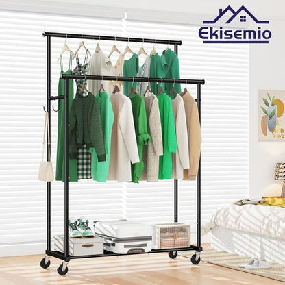 Ekisemio Heavy-Duty Double Rods Clothes Rack - 400 LBS Capacity, 45 Inch Rolling Design, Black