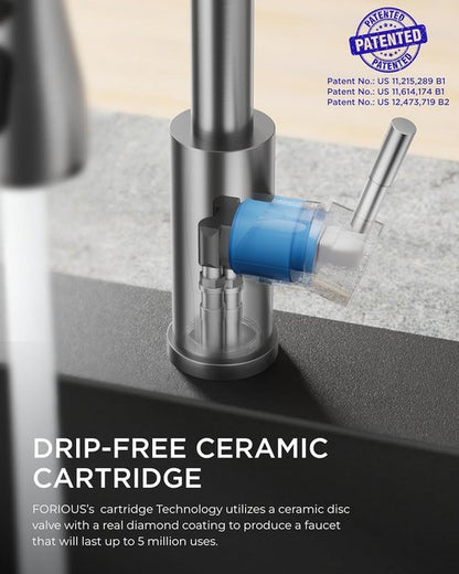 FORIOUS Kitchen Faucet - Brushed Nickel Pull Down Sprayer, High Arc Design for Farmhouse & RV Use